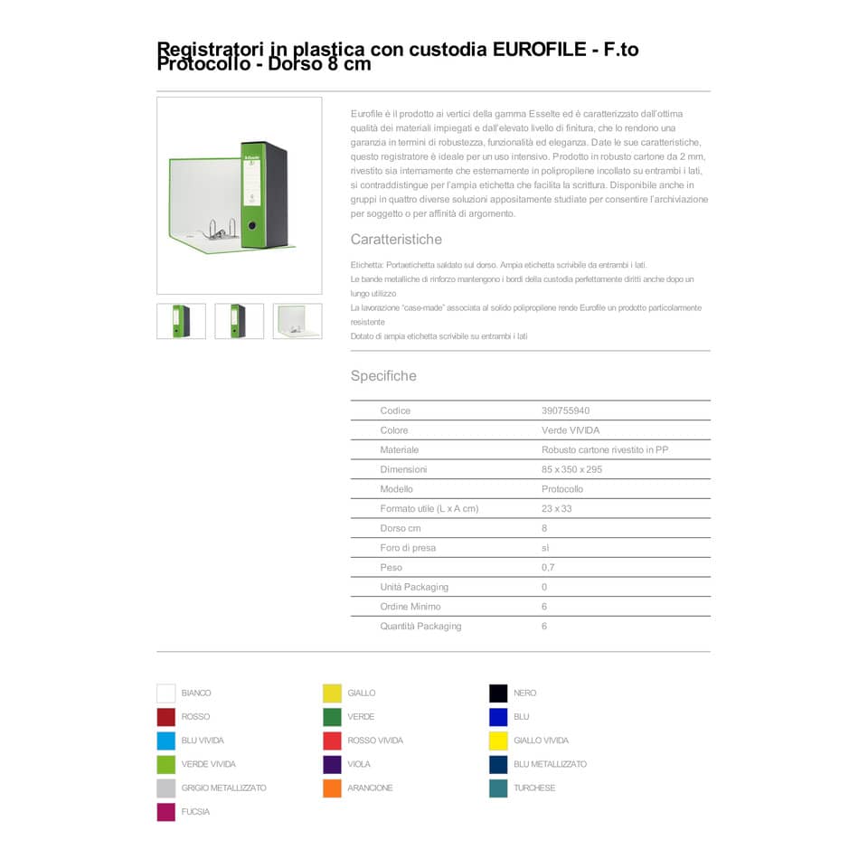 Registratore con custodia Esselte G55 Eurofile protocollo dorso 8 cm cartone rivestito in PP verde vivida - 390755940