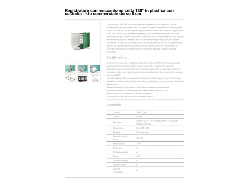Registratore con custodia Leitz 180° commerciale dorso 8 cm cartone rivestito in polipropilene verde - 390763180