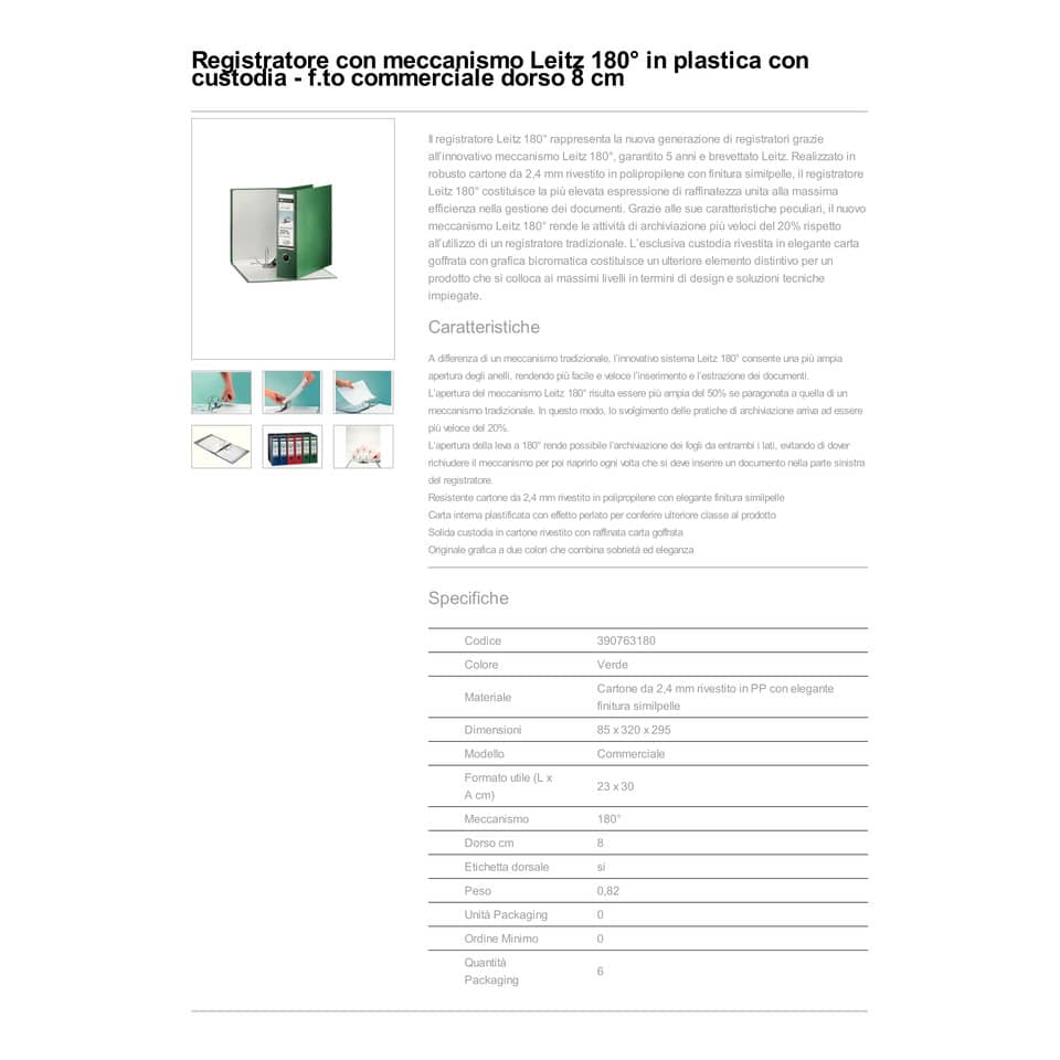 Registratore con custodia Leitz 180° commerciale dorso 8 cm cartone rivestito in polipropilene verde - 390763180