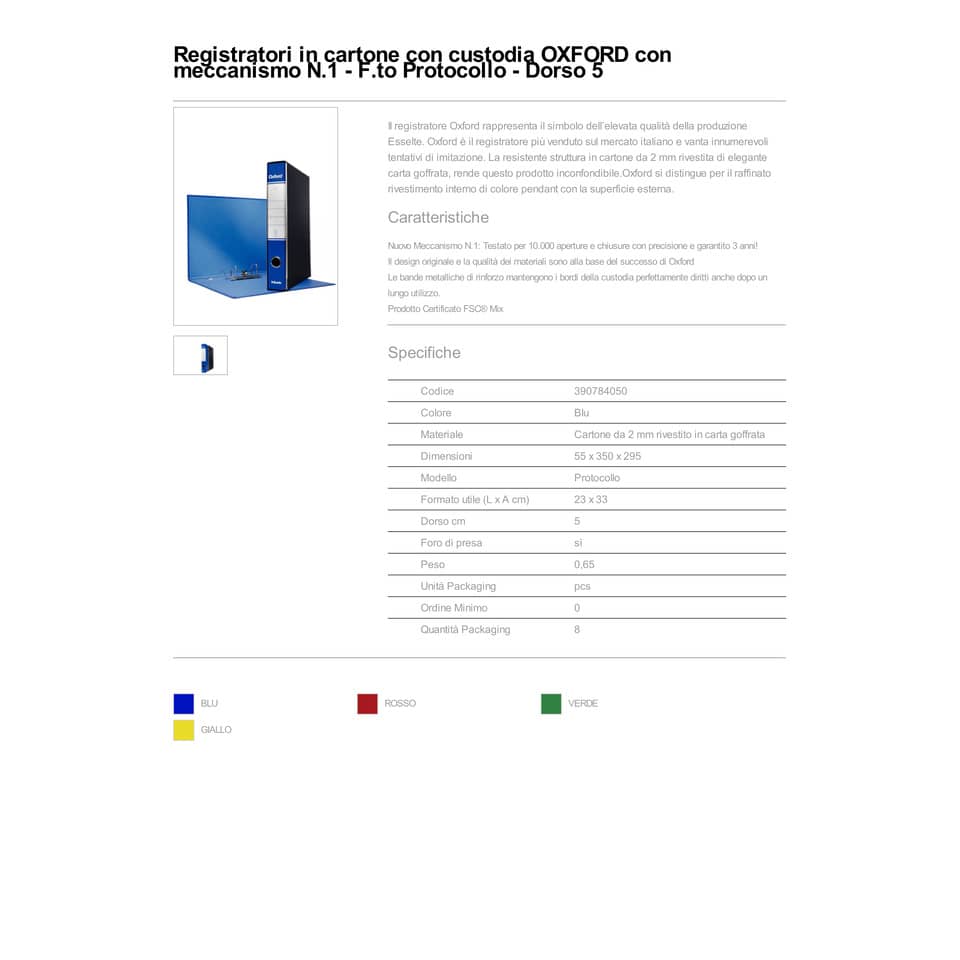 Registratore con custodia Esselte G84 Oxford protocollo 29,5x35 cm - dorso 5 cm blu - 390784050