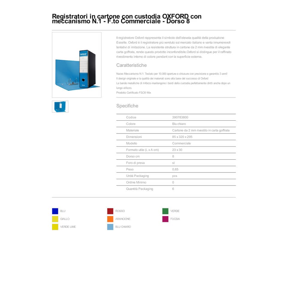 Registratore con custodia Esselte G83 Oxford commerciale 29,5x32 cm - dorso 8 cm azzurro - 390783800