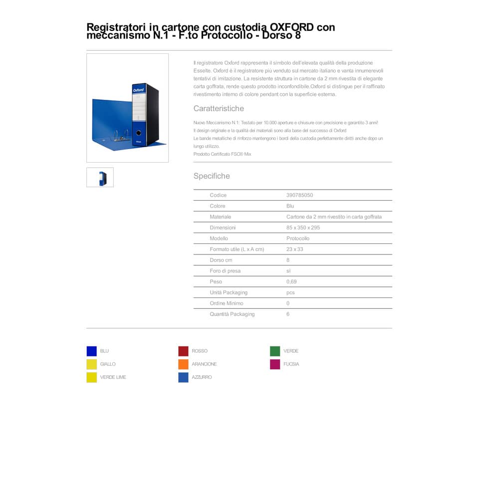 Registratore con custodia Esselte G85 Oxford protocollo 29,5x35 cm - dorso 8 cm blu - 390785050
