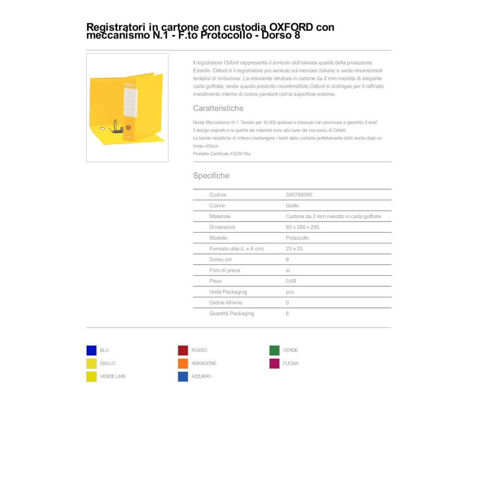 Registratore con custodia Esselte G85 Oxford protocollo 29,5x35 cm - dorso 8 cm giallo - 390785090