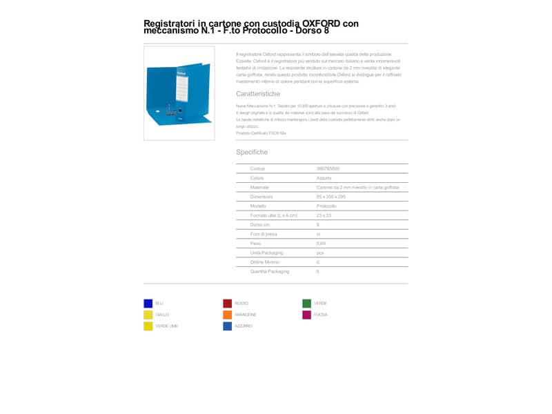 Registratore con custodia Esselte G85 Oxford protocollo 29,5x35 cm - dorso 8 cm azzurro - 390785800