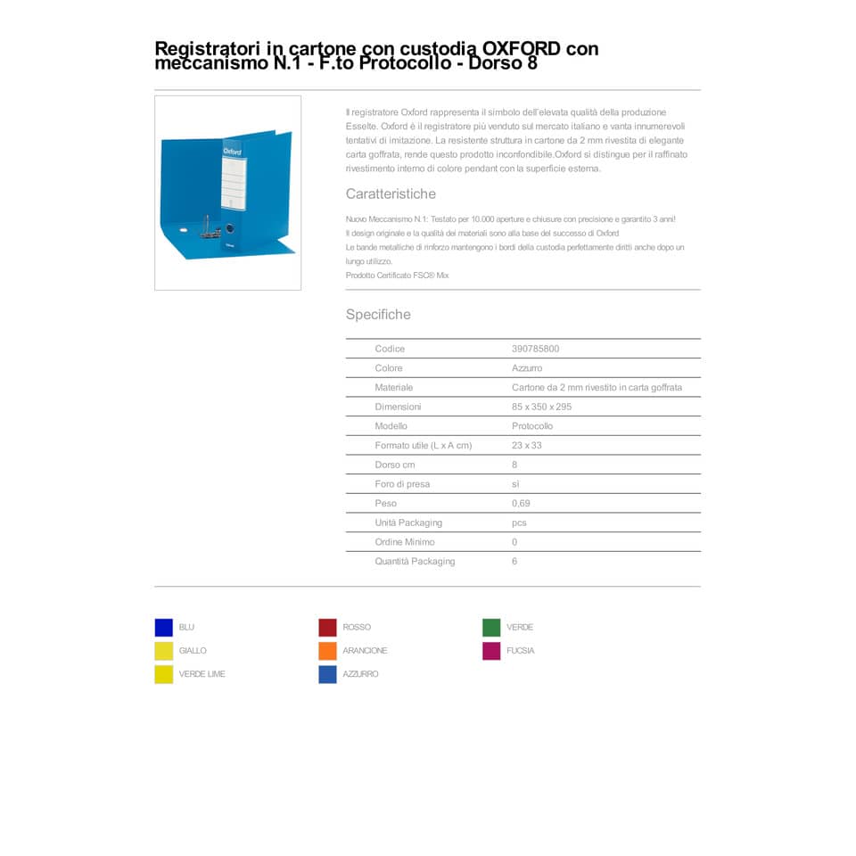 Registratore con custodia Esselte G85 Oxford protocollo 29,5x35 cm - dorso 8 cm azzurro - 390785800