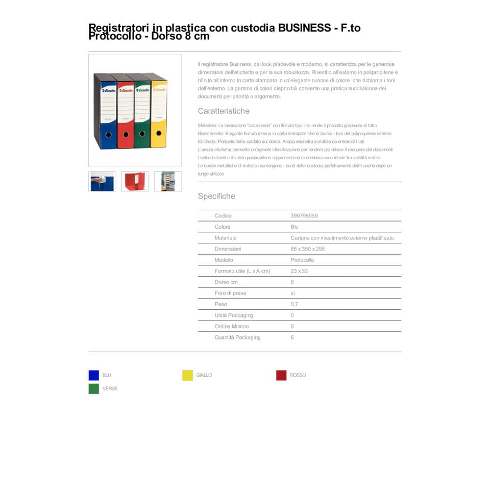 Registratore con custodia Esselte G95 BUSINESS protocollo Dorso 8 cm cartone plastificato blu - 390795050