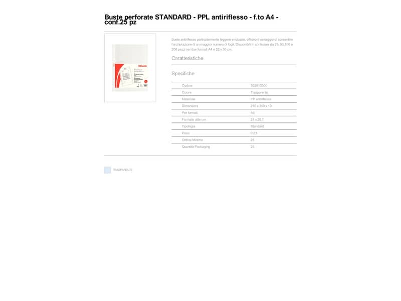 Buste a perforazione universale goffrate Esselte STANDARD PP antiriflesso trasparente A4  conf.25 - 392513300