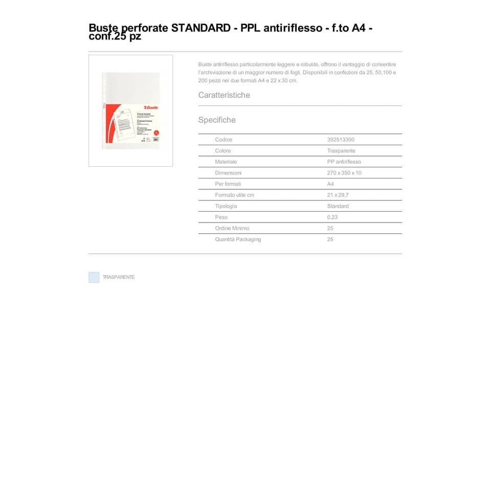 Buste a perforazione universale goffrate Esselte STANDARD PP antiriflesso trasparente A4  conf.25 - 392513300