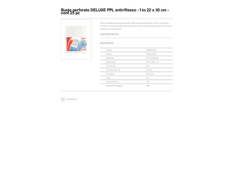 Buste a perforazione universale goffrate Esselte DELUXE PP antiriflesso 22x30 cm conf.25 - 392597600