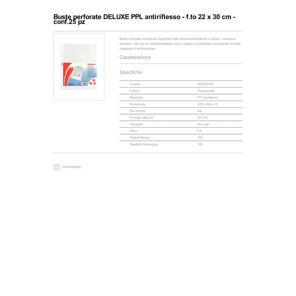 Buste a perforazione universale goffrate Esselte DELUXE PP antiriflesso 22x30 cm conf.25 - 392597600