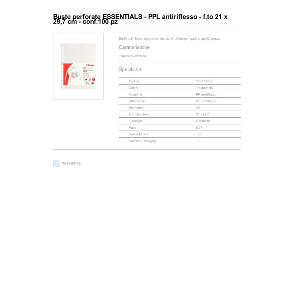 Buste a perforazione universale goffrate Esselte ESSENTIALS PP antiriflesso trasparente A4  conf.100 - 392713000