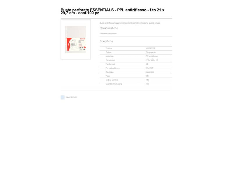 Buste a perforazione universale goffrate Esselte ESSENTIALS PP antiriflesso trasparente A4  conf.100 - 392713000