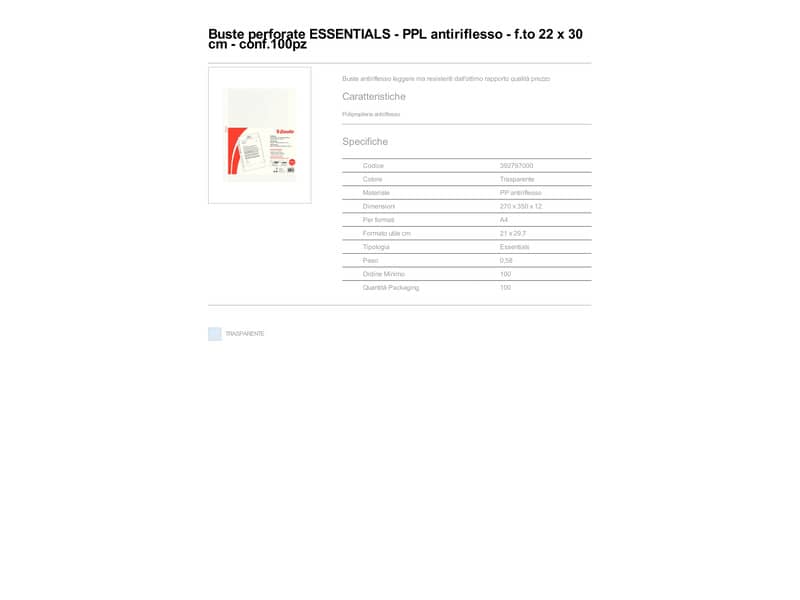 Buste a perforazione universale goffrate Esselte ESSENTIALS PP antiriflesso 22x30 cm conf.100 - 392797000