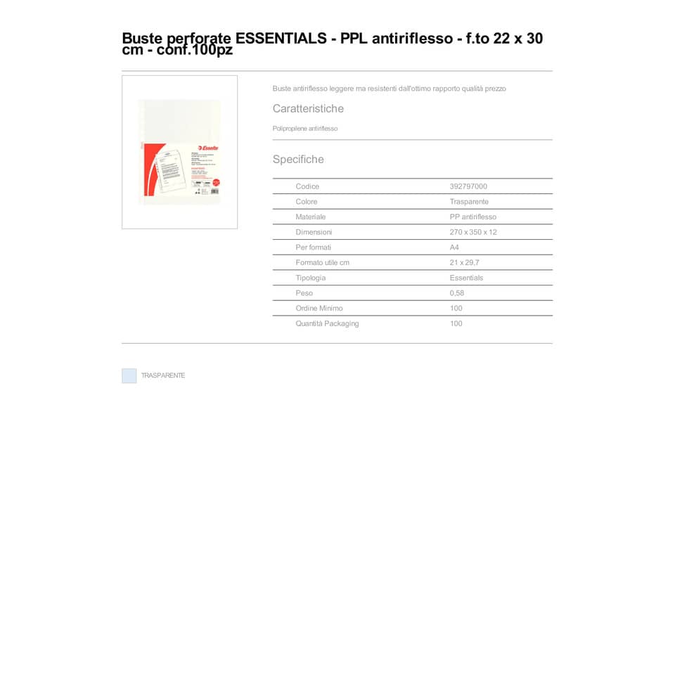 Buste a perforazione universale goffrate Esselte ESSENTIALS PP antiriflesso 22x30 cm conf.100 - 392797000