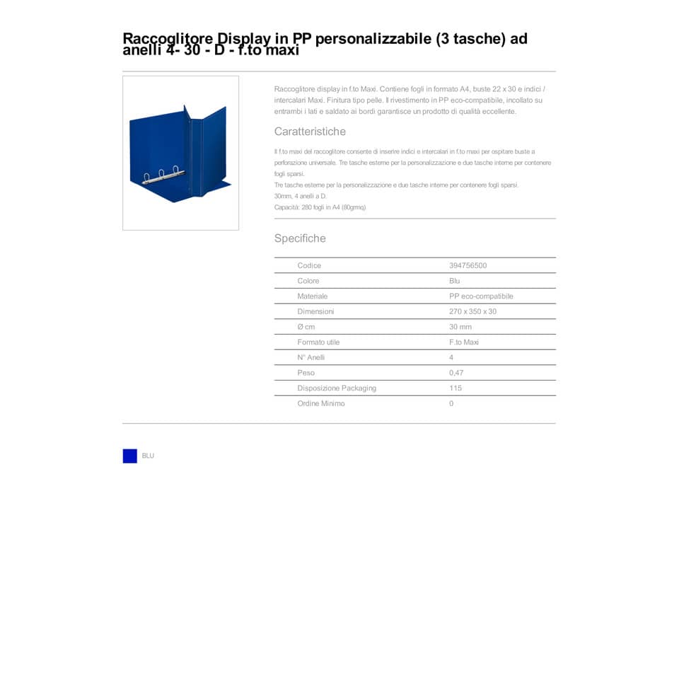Raccoglitore personalizzabile Esselte Display a 4 anelli a D 30mm PP eco-comp. blu formato Maxi - 394756500