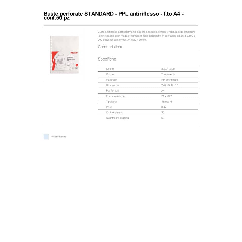 Buste a perforazione universale goffrate Esselte STANDARD PP antiriflesso trasparente A4  conf.50 - 395013300