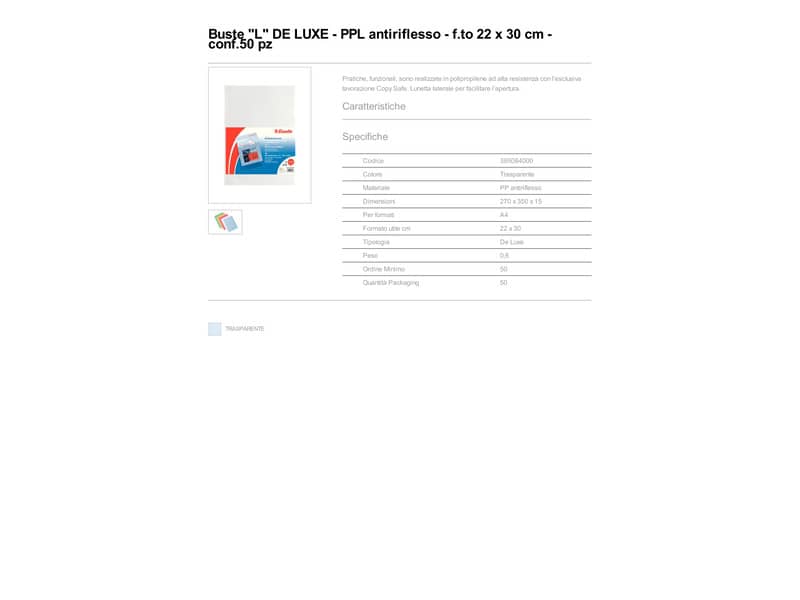 Buste a L non perforate Esselte DE LUXE 22x30 cm trasparente antiriflesso goffrata - conf.50 - 395084000