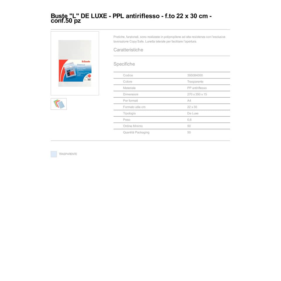 Buste a L non perforate Esselte DE LUXE 22x30 cm trasparente antiriflesso goffrata - conf.50 - 395084000