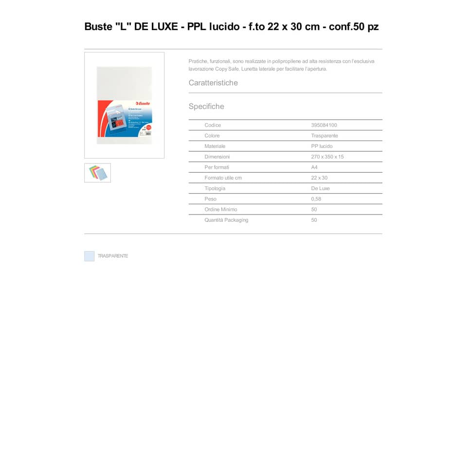 Buste a L non perforate Esselte DE LUXE PP lucido trasparente 22x30 cm liscia conf.50 - 395084100