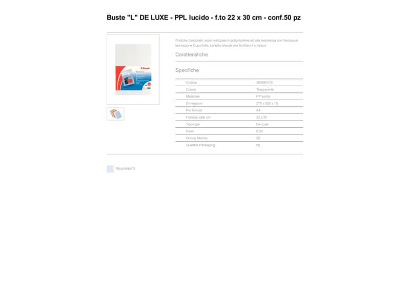 Buste a L non perforate Esselte DE LUXE PP lucido trasparente 22x30 cm liscia conf.50 - 395084100