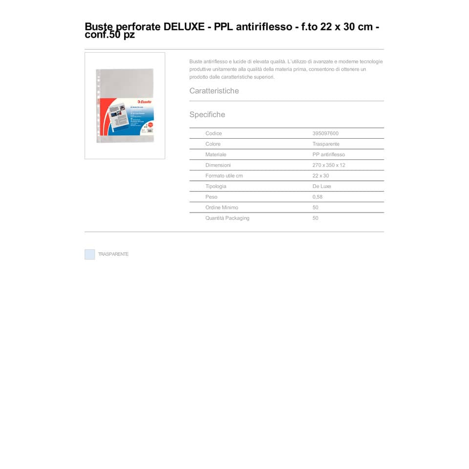 Buste a perforazione universale goffrate Esselte DELUXE 22x30 cm trasparente antiriflesso  conf.50 - 395097600
