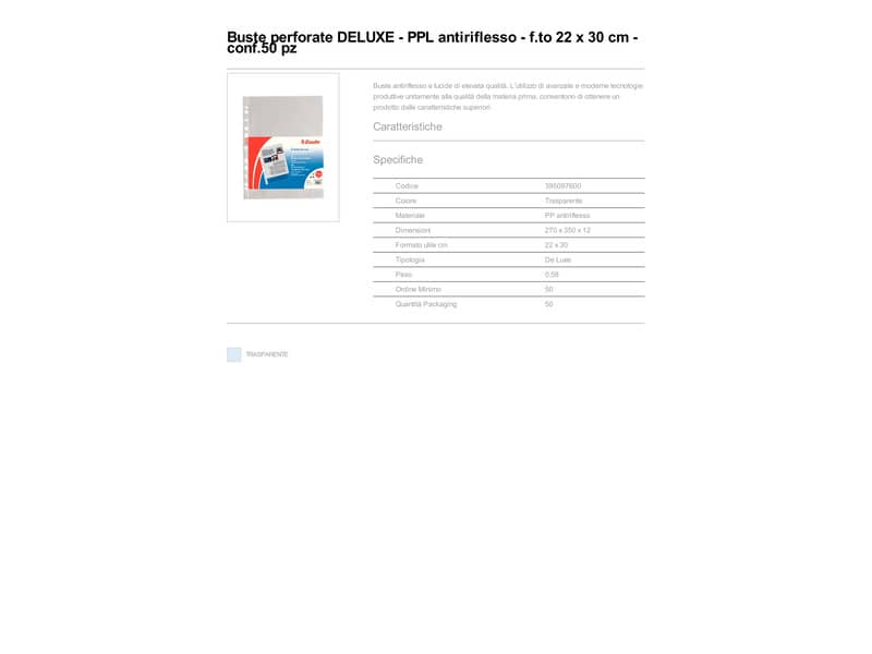 Buste a perforazione universale goffrate Esselte DELUXE 22x30 cm trasparente antiriflesso  conf.50 - 395097600