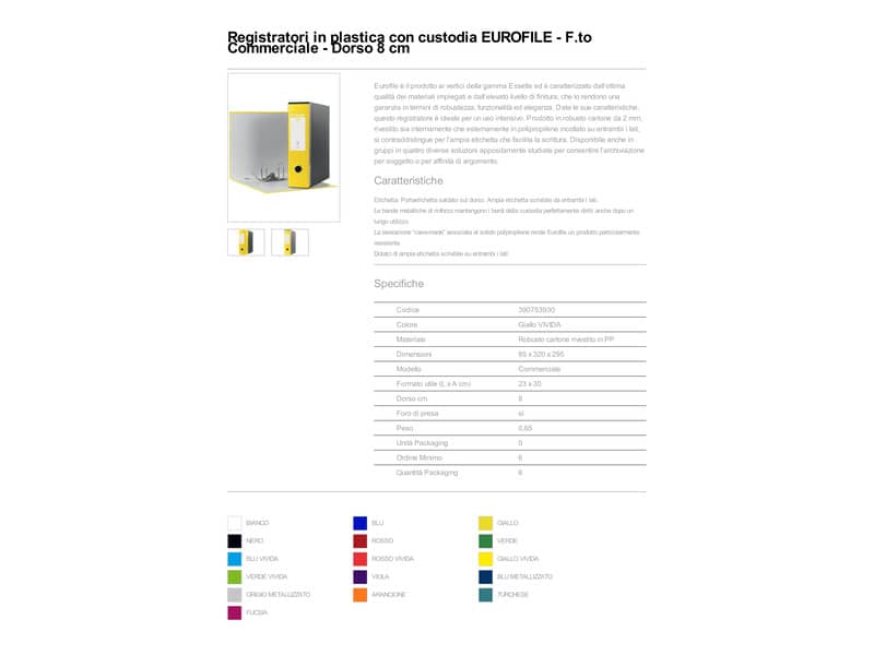 Registratore con custodia Esselte G53 Eurofile commerciale Dorso 8 cm cartone rivestito in PP giallo vivida 390753930