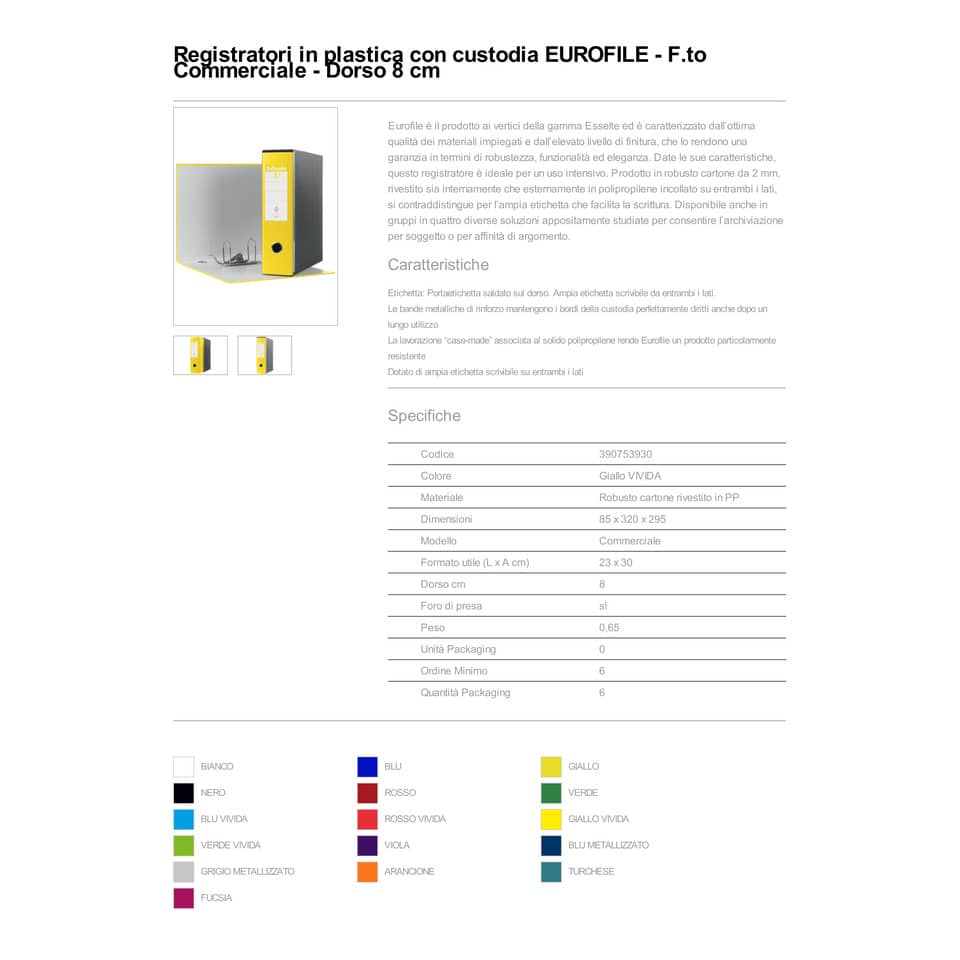 Registratore con custodia Esselte G53 Eurofile commerciale Dorso 8 cm cartone rivestito in PP giallo vivida 390753930