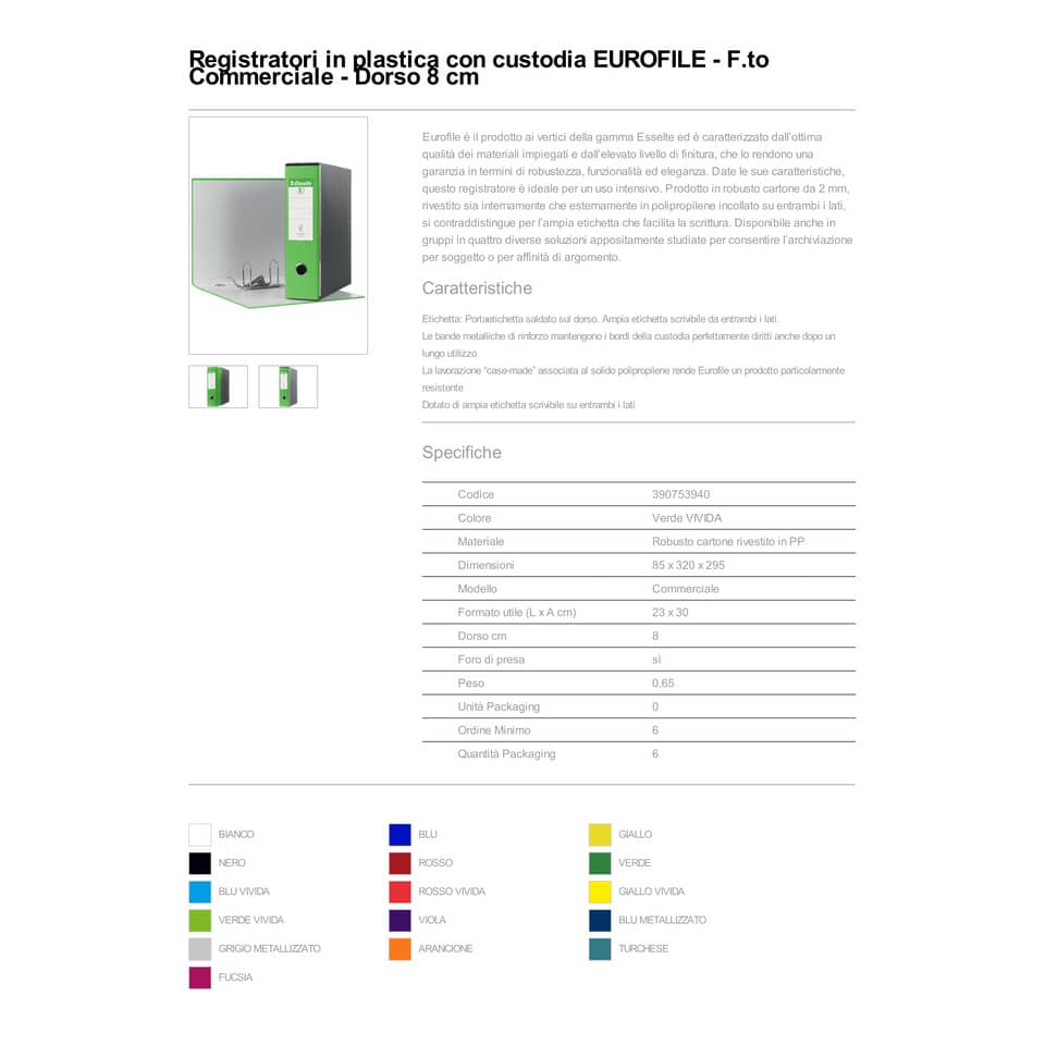 Registratori con custodia Esselte G53 Eurofile commerciale Dorso 8 cm cartone rivestito in PP verde vivida - 390753940