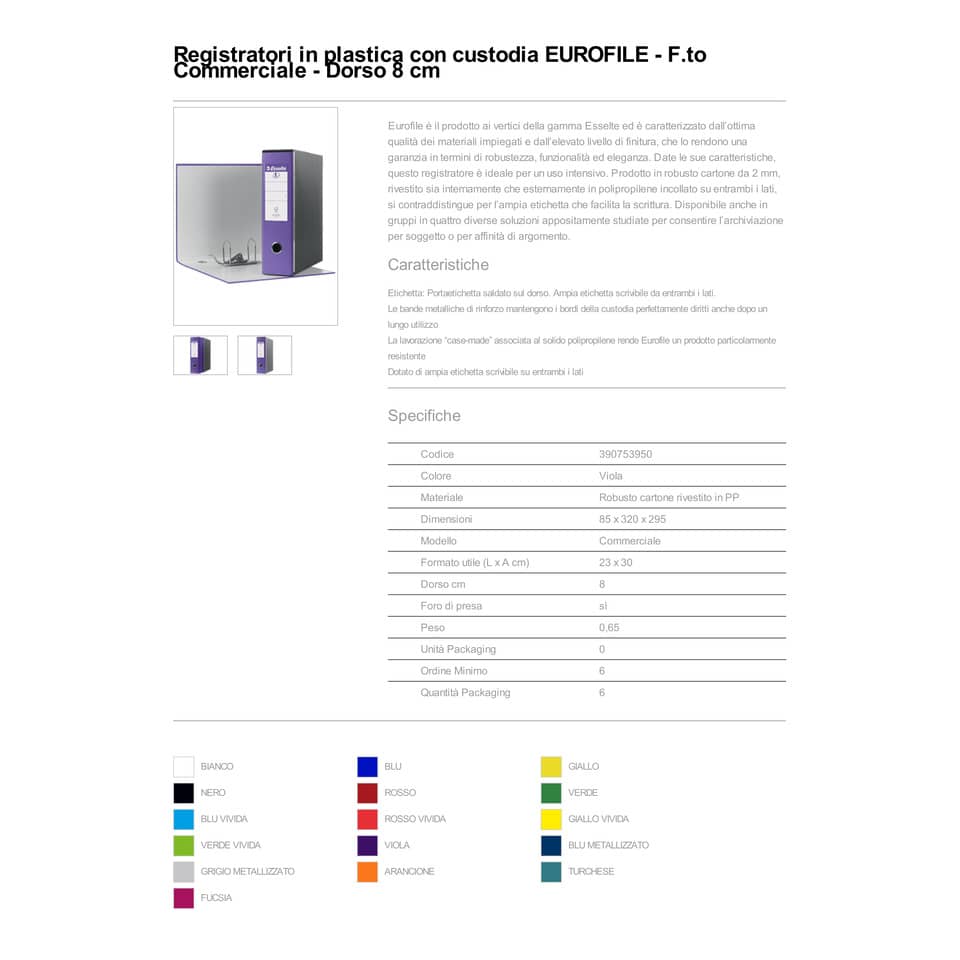 Registratori con custodia Esselte G53 Eurofile commerciale Dorso 8 cm cartone rivestito in PP lilla - 390753950