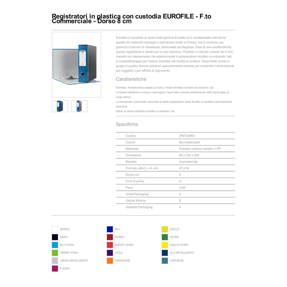 Registratori con custodia Esselte G53 Eurofile commerciale Dorso 8 cm cartone rivestito PP blu metallizz. - 390753960