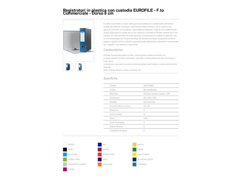 Registratori con custodia Esselte G53 Eurofile commerciale Dorso 8 cm cartone rivestito PP blu metallizz. - 390753960
