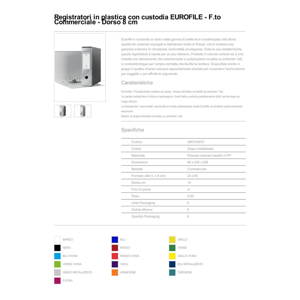 Registratore con custodia Esselte G53 Eurofile commerciale Dorso 8 cm cartone rivestito PP grigio metallizz.-390753970