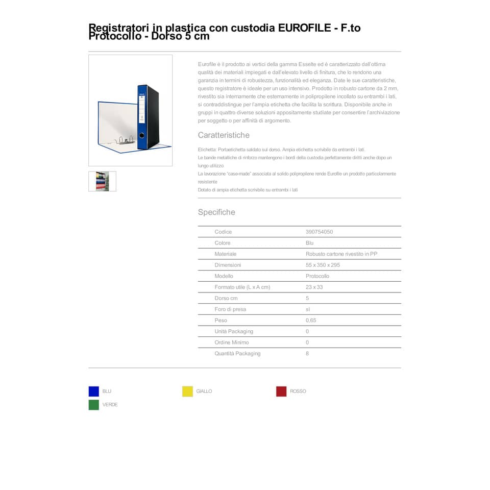 Registratore con custodia Esselte G54 Eurofile protocollo dorso 5 cm cartone rivestito in PP blu - 390754050