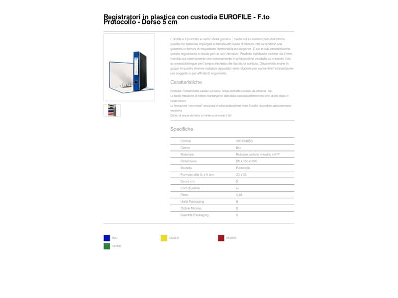 Registratore con custodia Esselte G54 Eurofile protocollo dorso 5 cm cartone rivestito in PP blu - 390754050