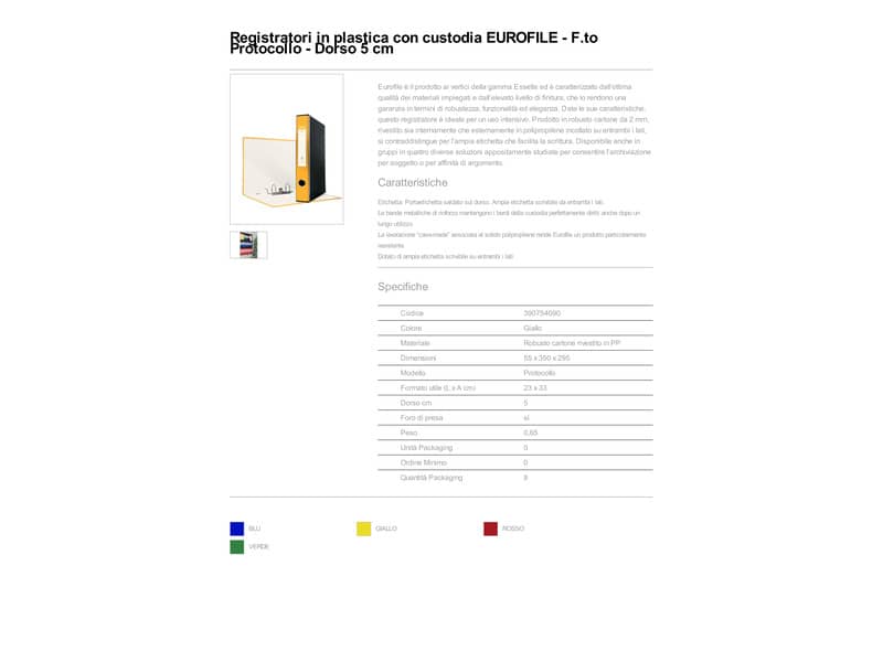 Registratore con custodia Esselte G54 Eurofile protocollo dorso 5 cm cartone rivestito in PP giallo - 390754090