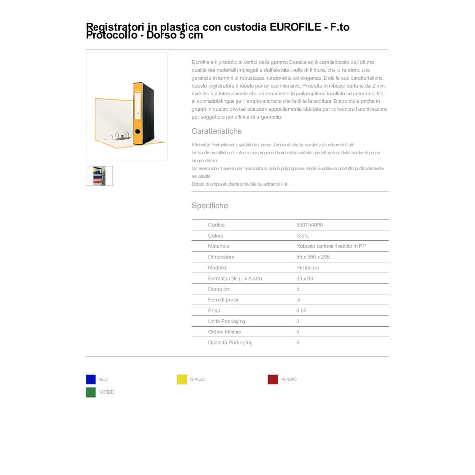Registratore con custodia Esselte G54 Eurofile protocollo dorso 5 cm cartone rivestito in PP giallo - 390754090