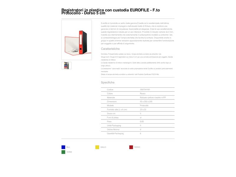 Registratore con custodia Esselte G54 Eurofile protocollo dorso 5 cm cartone rivestito in PP rosso - 390754160