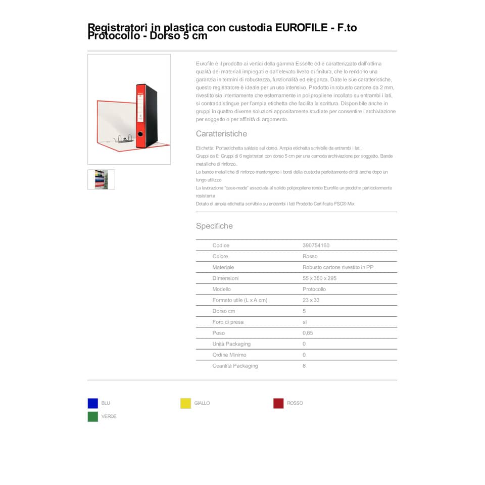 Registratore con custodia Esselte G54 Eurofile protocollo dorso 5 cm cartone rivestito in PP rosso - 390754160