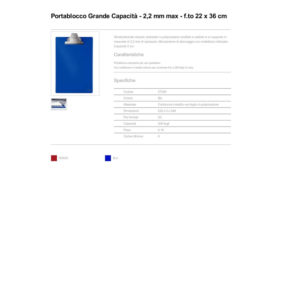 Portablocco con clip Esselte Grande Capacità cartoncino/polipropilene 22x36 cm blu - 27355