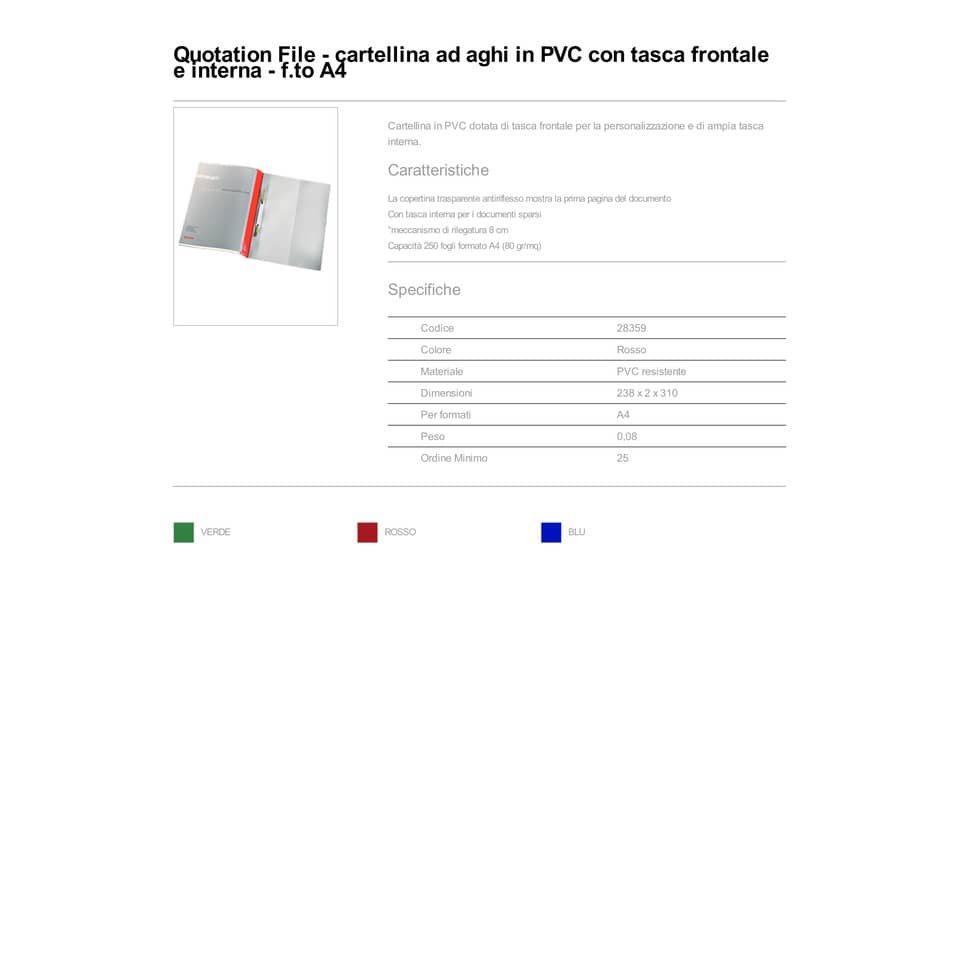 Cartelline ad aghi con clip Esselte Quotation File 23,8x31 cm pvc semirigido rosso  conf. da 25 - 28359