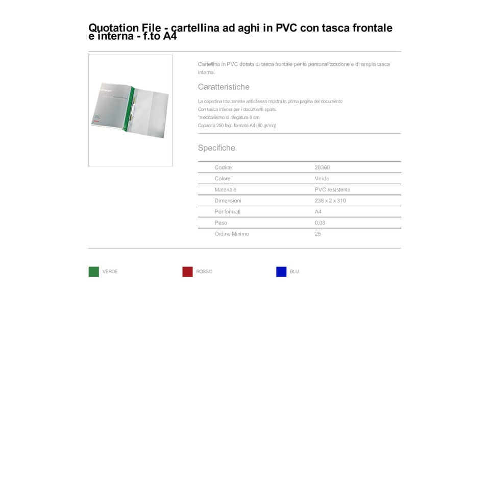 Cartelline ad aghi con clip Esselte Quotation File 23,8x31 cm pvc semirigido verde  conf. da 25 - 28360