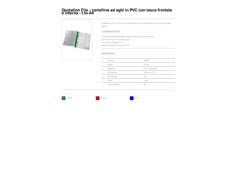 Cartelline ad aghi con clip Esselte Quotation File 23,8x31 cm pvc semirigido verde  conf. da 25 - 28360