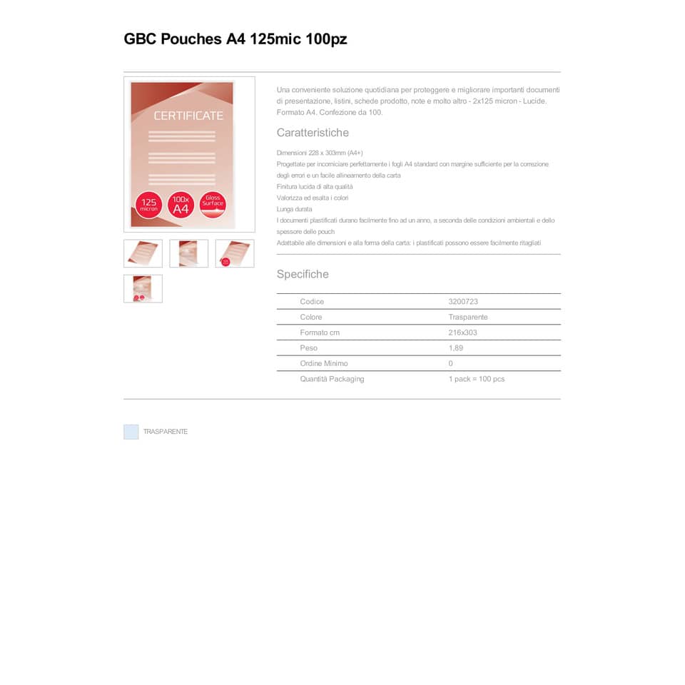 Pouches per plastificatrici a caldo GBC 2X125 µm finitura lucida A4 21,6x30,3 cm 21,6x30,3 cm Conf. 100 pezzi - 3200723