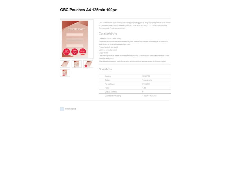 Pouches per plastificatrici a caldo GBC 2X125 µm finitura lucida A4 21,6x30,3 cm 21,6x30,3 cm Conf. 100 pezzi - 3200723