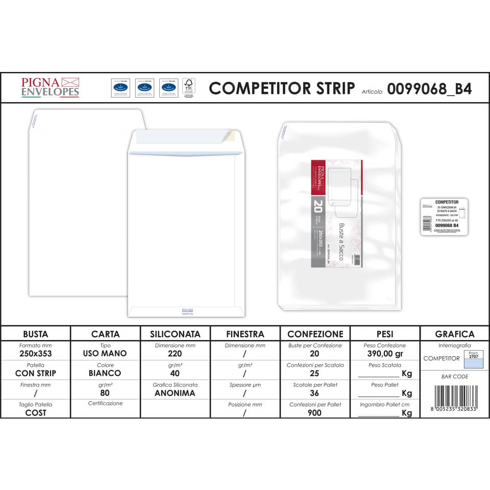 Buste a sacco Pigna Envelopes Competitor Strip 80 g/m² 250x353 mm bianco Conf. da 20 buste - 0099068