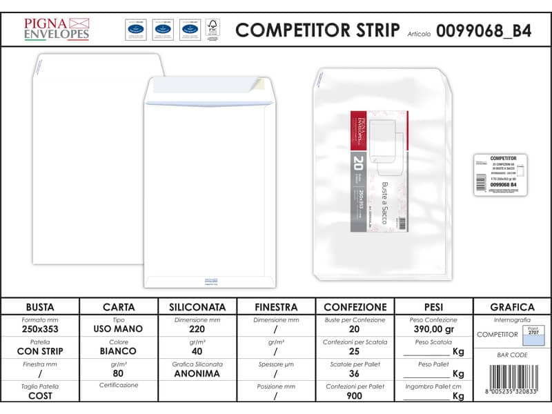 Buste a sacco Pigna Envelopes Competitor Strip 80 g/m² 250x353 mm bianco Conf. da 20 buste - 0099068