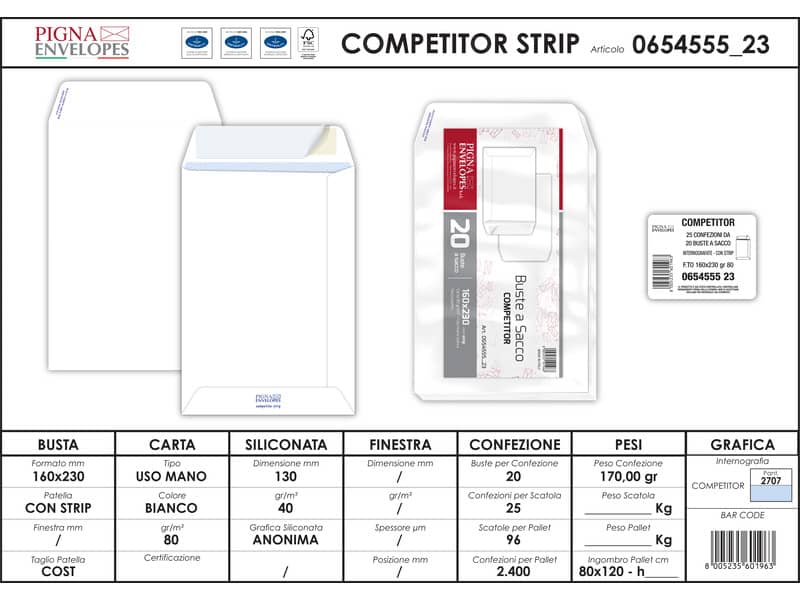 Buste a sacco Pigna Envelopes Competitor strip 80 g/m² 162x229 mm bianco Conf. da 20 buste - 0654555