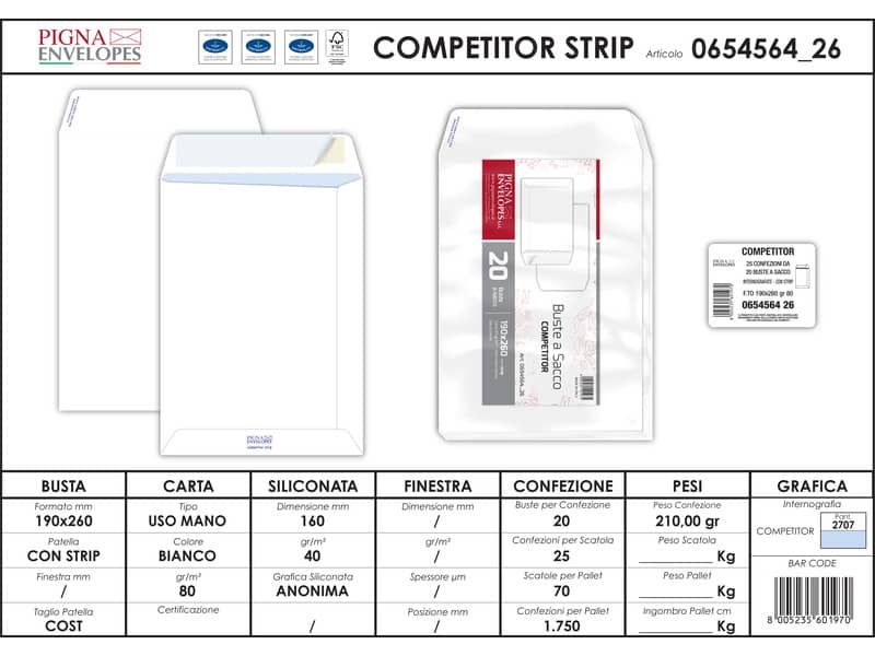 Buste a sacco Pigna Envelopes Competitor Strip 80 g/m² 190x260 mm bianco Conf. da 20 buste - 0654564