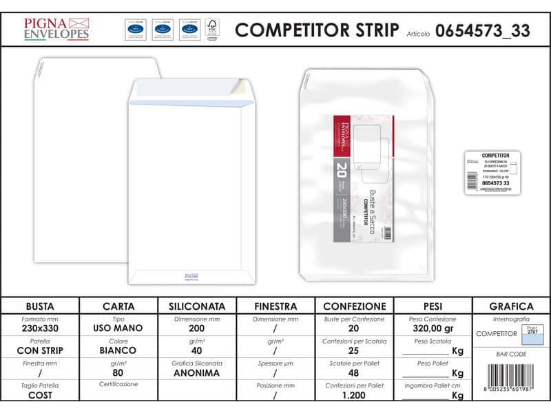 Buste a sacco Pigna Envelopes Competitor Strip 80 g/m² 230x330 mm bianco Conf. da 20 buste - 0654573